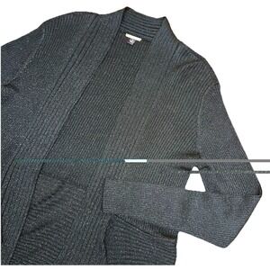 Dana Buchman Black Ribbed Metallic Open Front Asymmetrical Cardigan Women's M